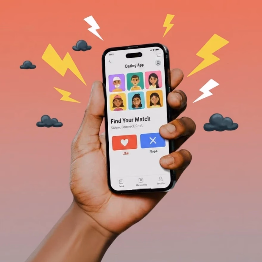 A hand holding a phone displaying a dating app