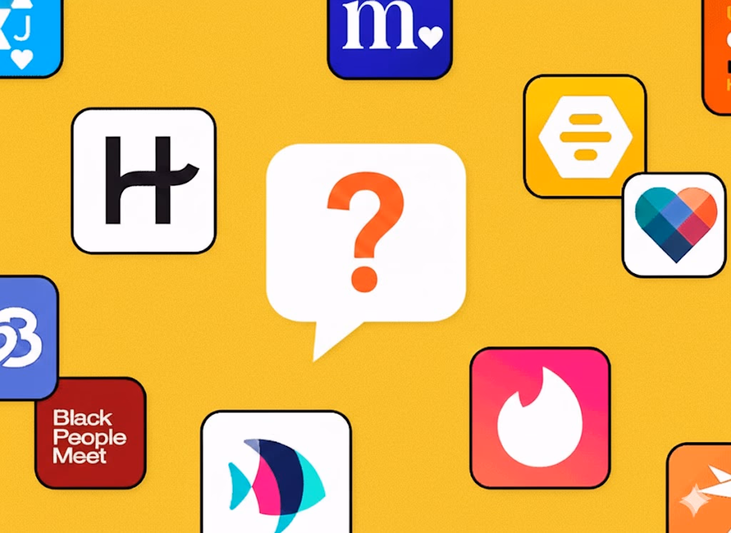 Dating app icons surrounding a question mark