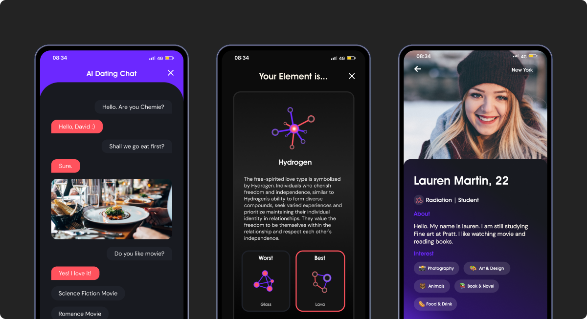 Chemistry final design showing AI Dating Chat, a Chemistry Report, and a potential match profile