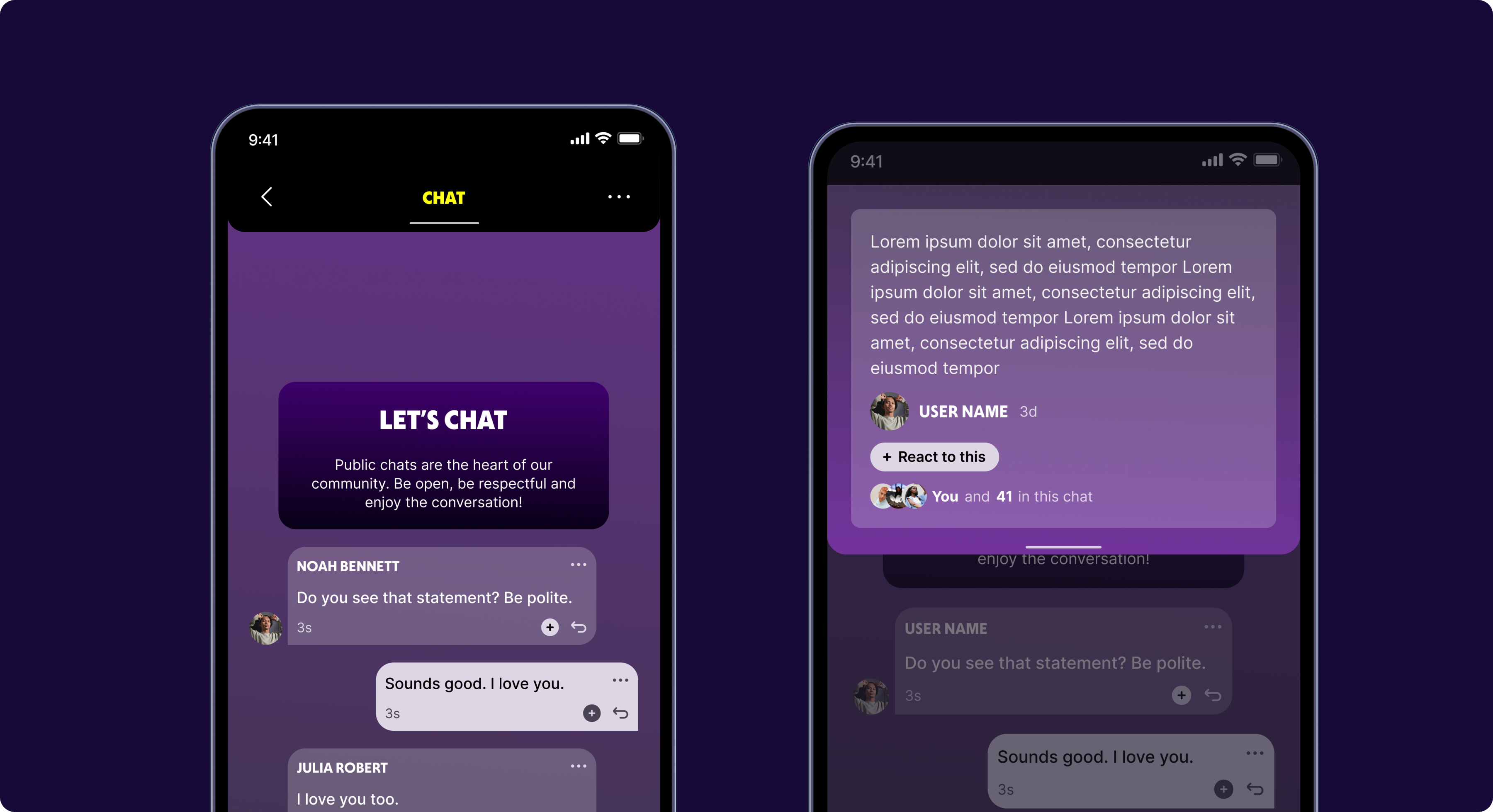 Stubios chat screens showing a community conversation and an expanded comment with reactions and chat participants