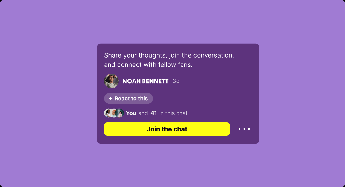 Comment card with reactions, chat participants, and a Join the chat action