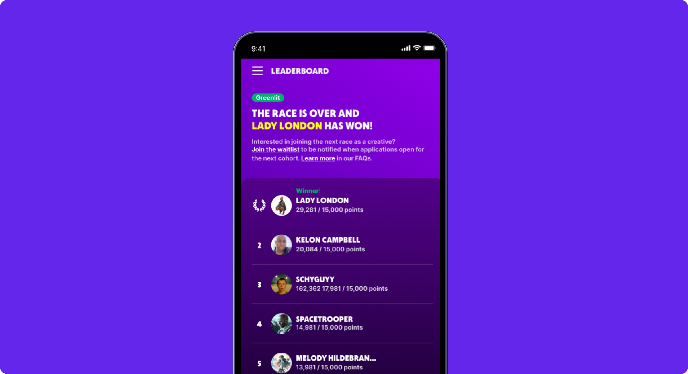 Stubios leaderboard showing Lady London as the winner and each project's points against its Greenlight goal