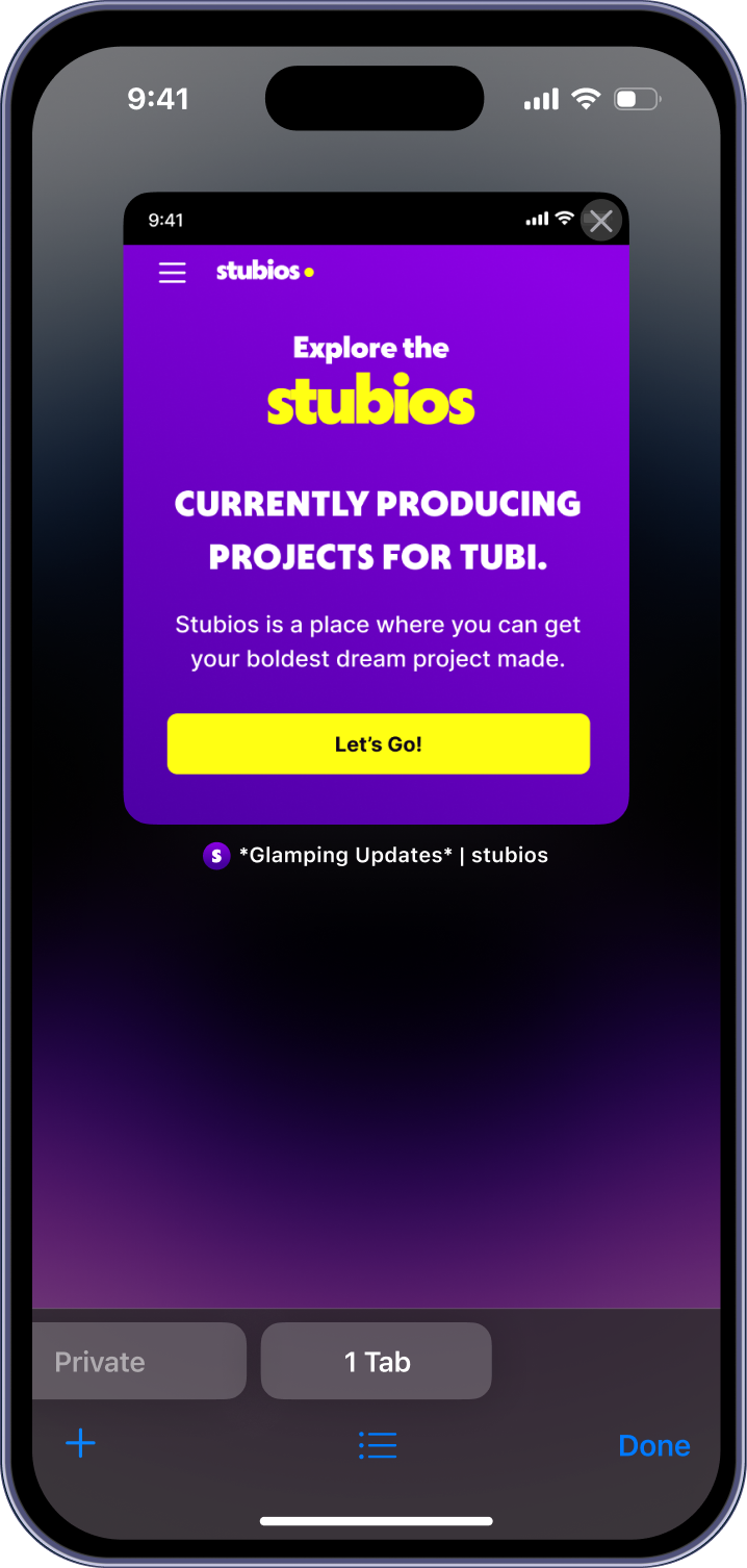 Stubios mobile landing page displayed in an iPhone mockup on a light blue background