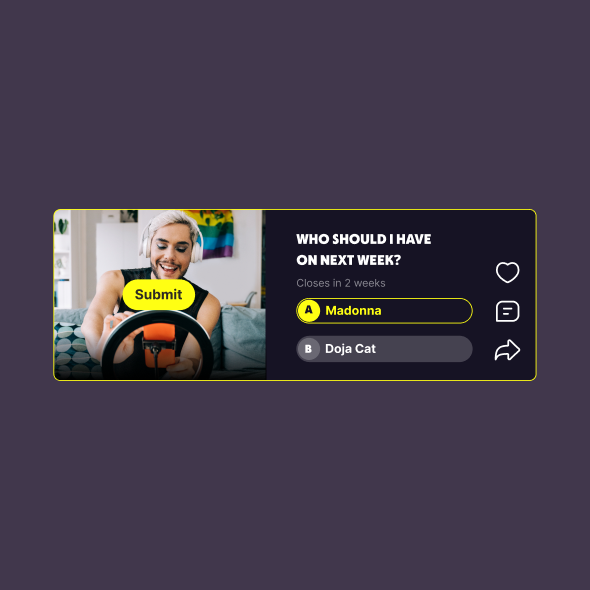 Stubios fan poll card with Madonna and Doja Cat voting options beside a creator video