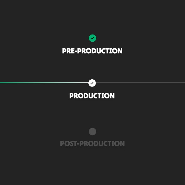 Stubios production progress tracker showing pre-production complete, production active, and post-production pending