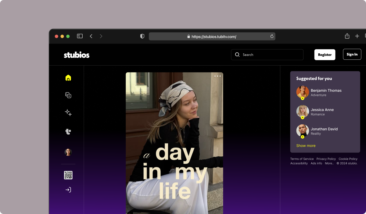 Desktop Stubios social feed with a creator video, navigation, and suggested profiles