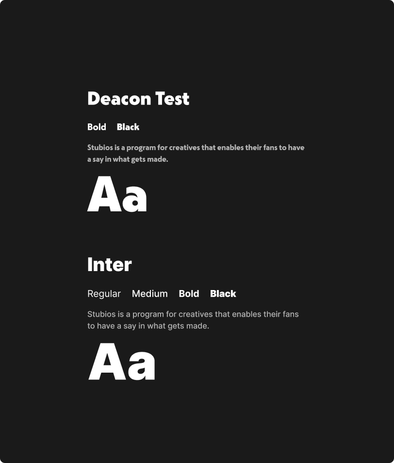 Deacon Test and Inter typeface specimens for Stubios