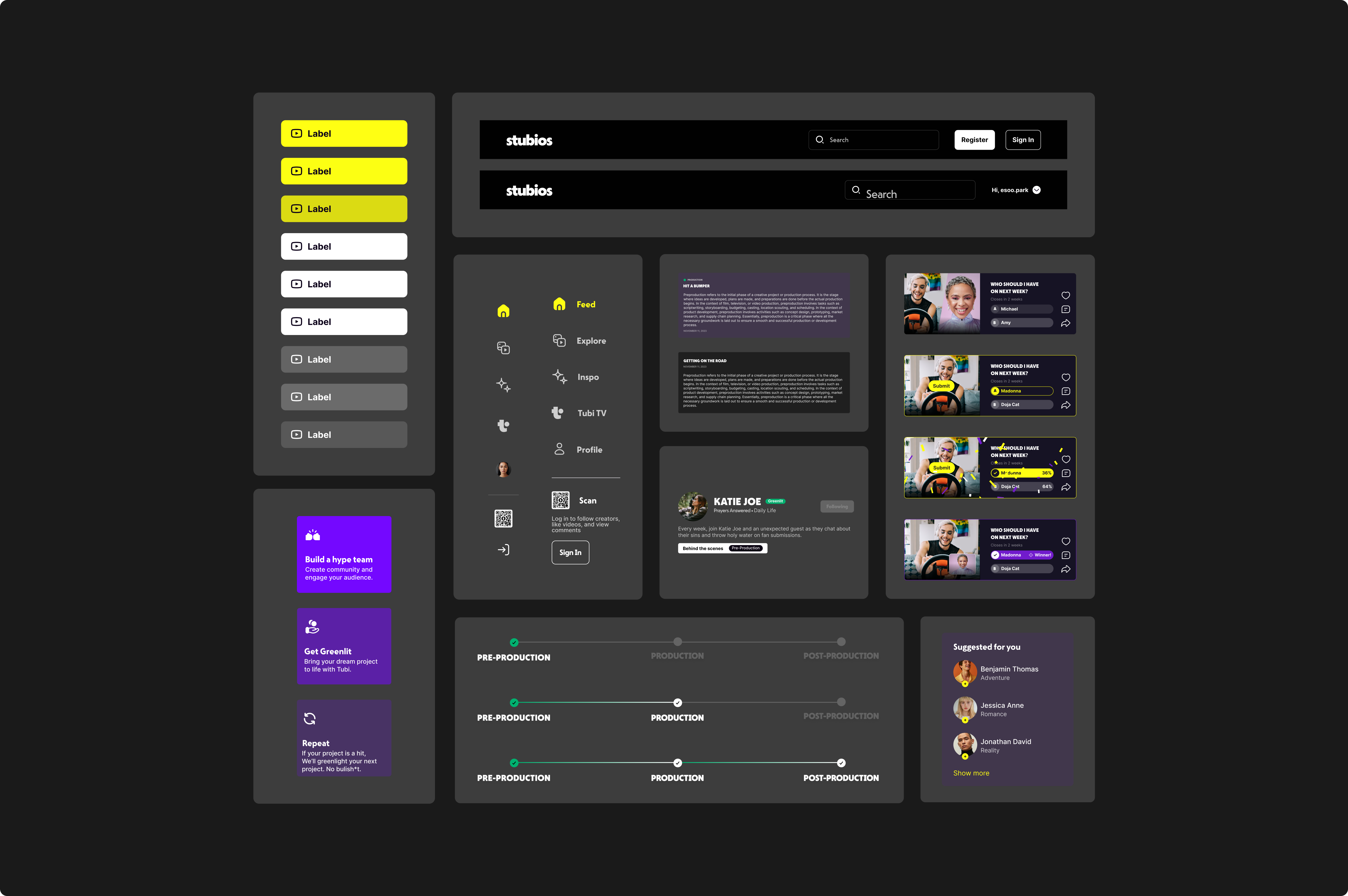 Stubios component library with navigation, buttons, cards, reactions, and progress states