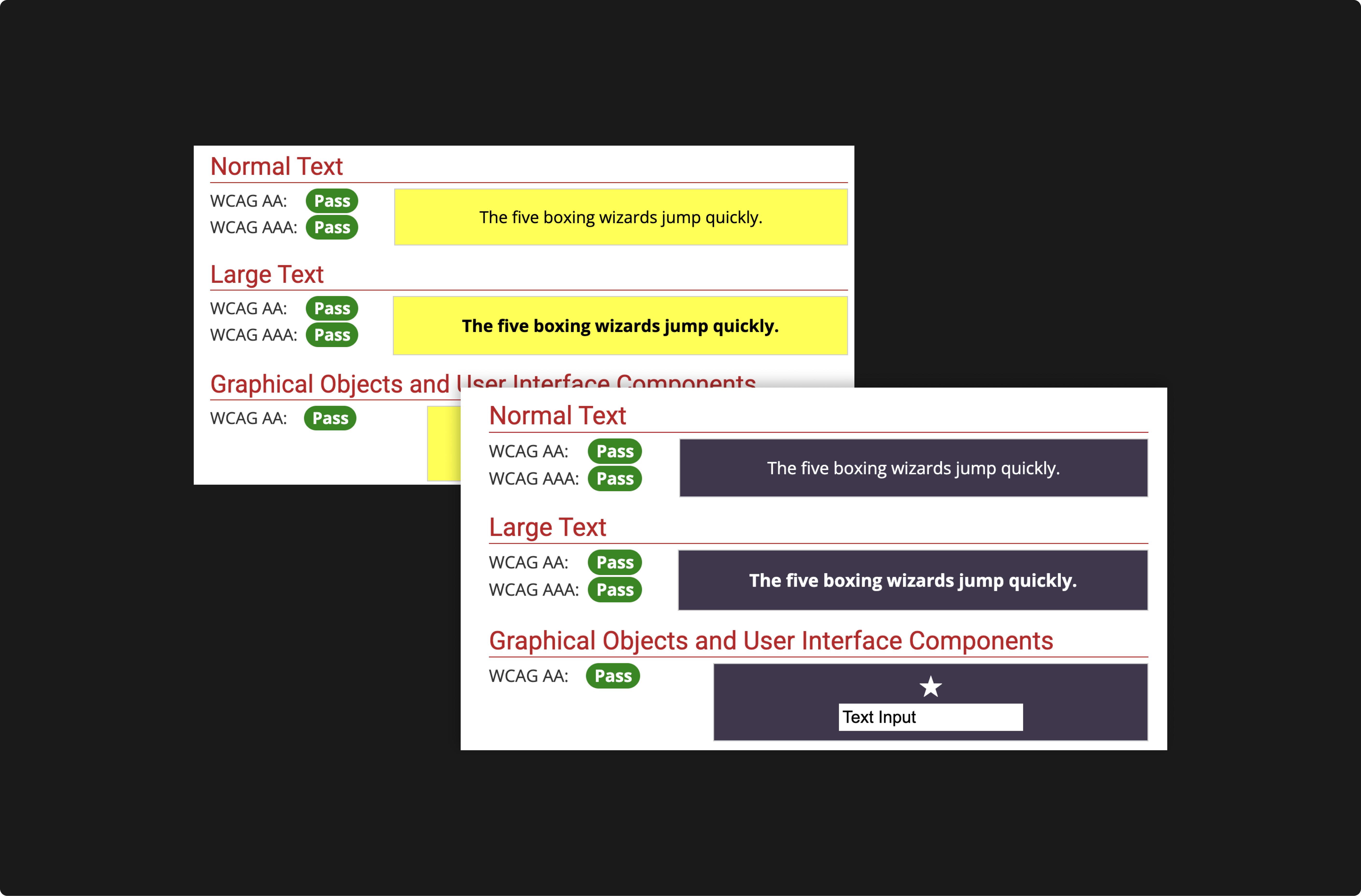 WCAG accessibility contrast checks for Stubios interface colors