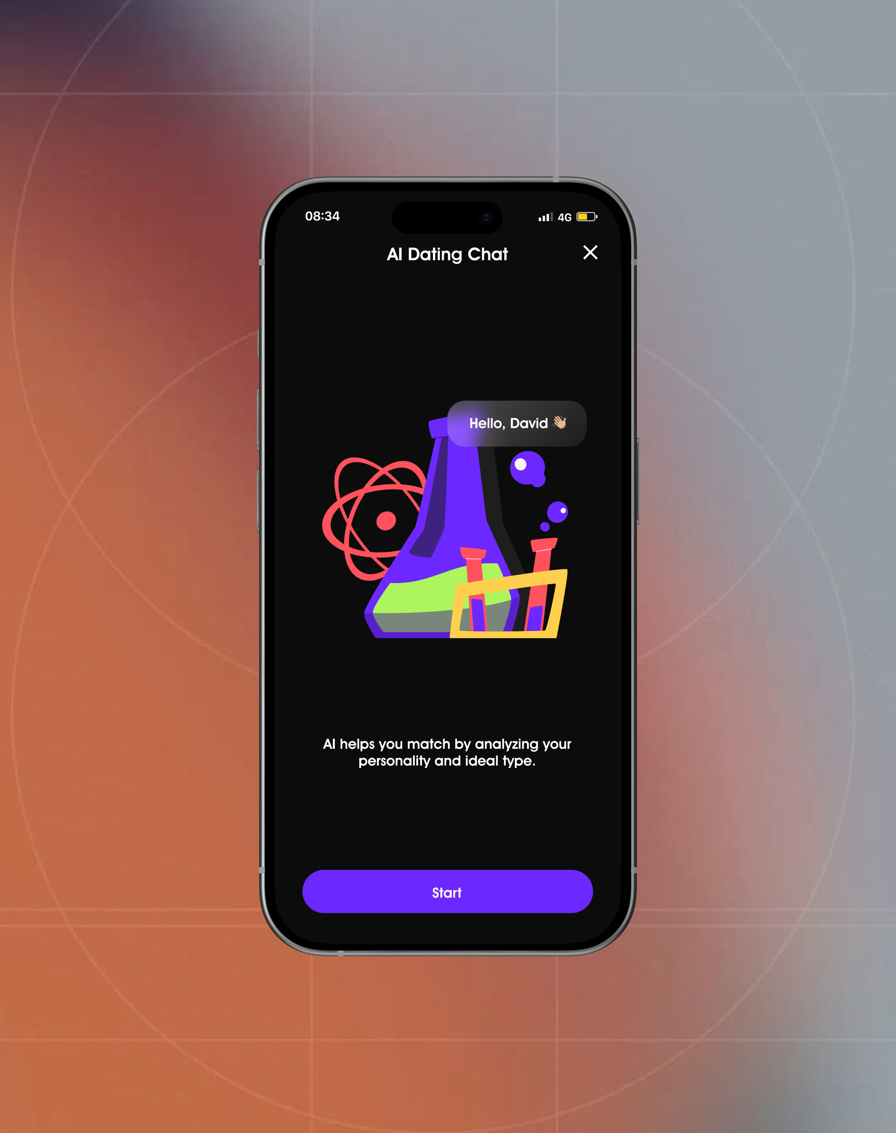 AI chemistry matching phone on a warm orange and cool gray background