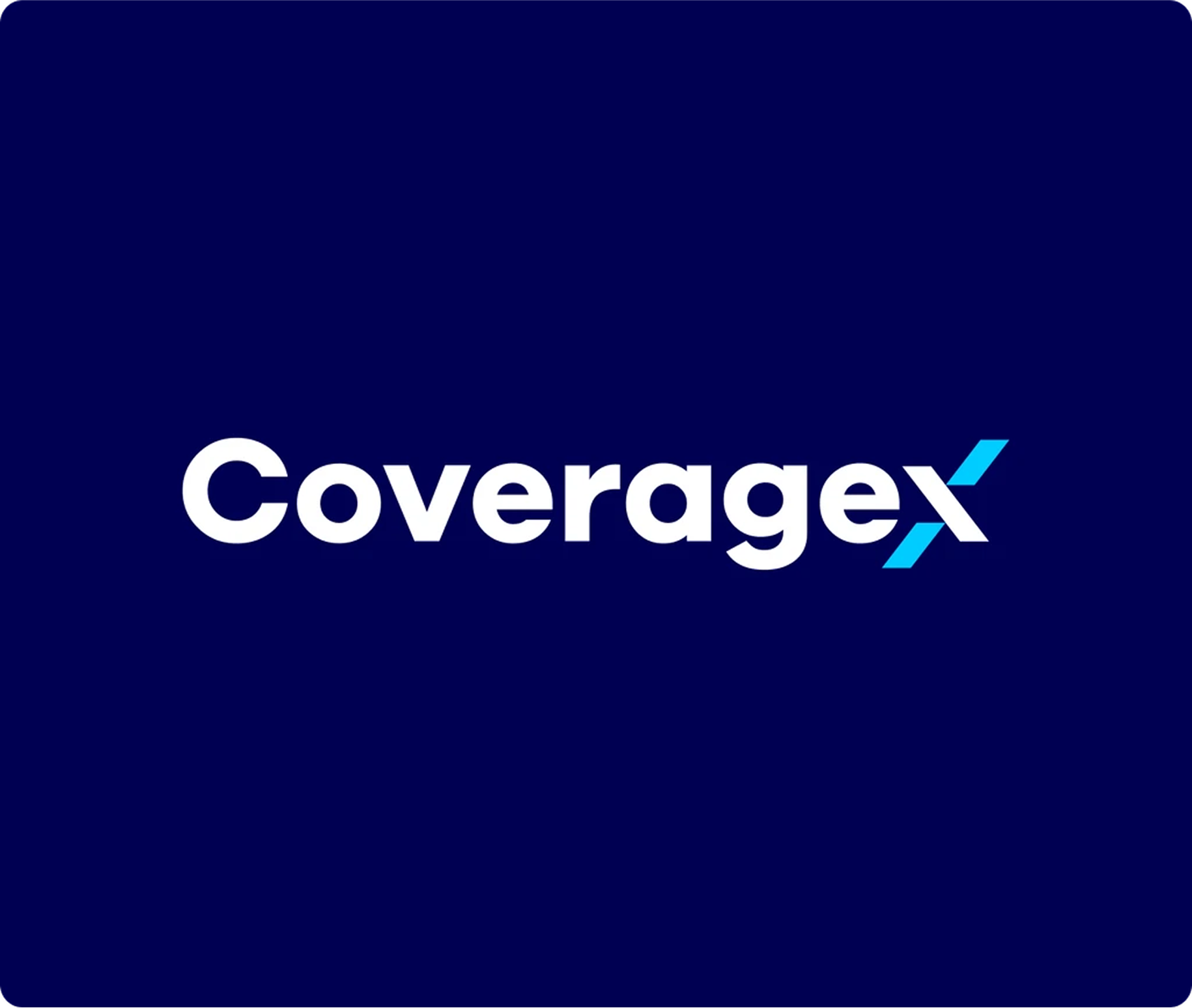 CoverageX wordmark in white and cyan on a navy background