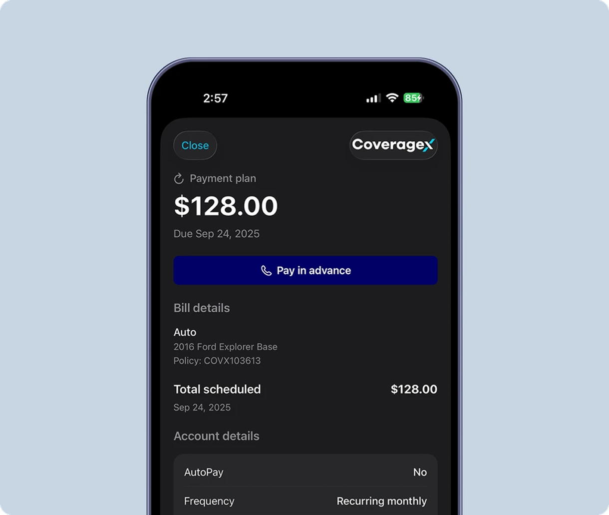 CoverageX mobile payment plan showing bill details and account settings