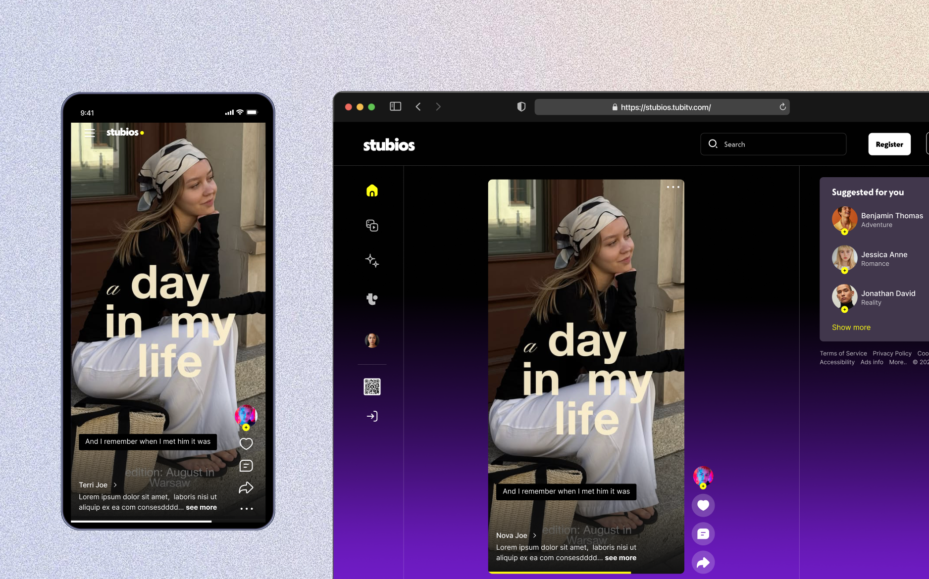 Stubios mobile and desktop social feeds side by side, showing how the creator video and navigation adapt to larger screens