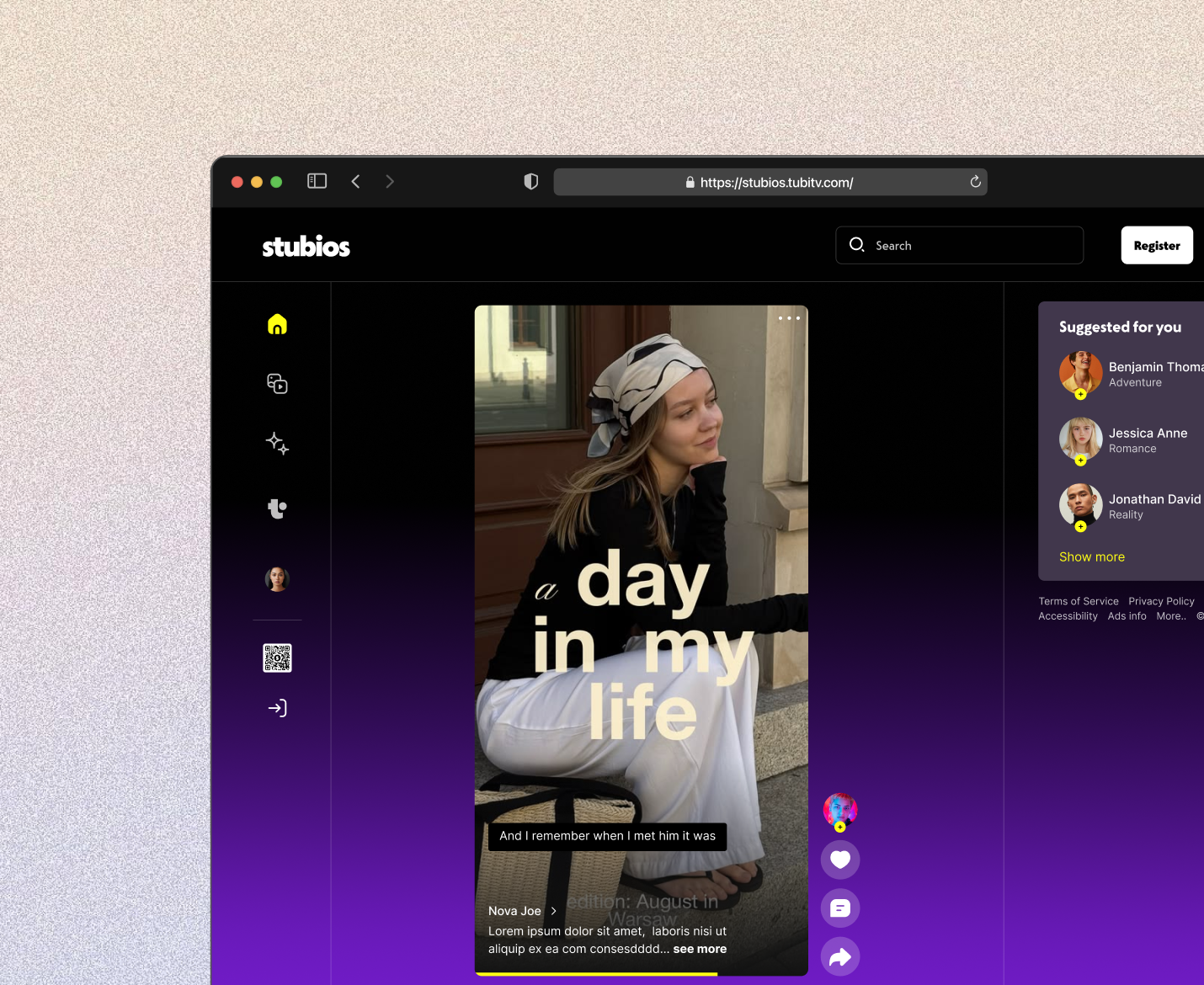 TUBI Studios social media platform shown in a desktop browser